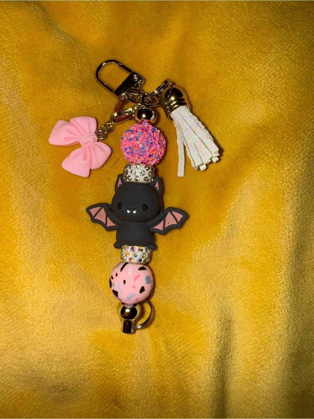 Cute Black & Pink Bat Keychain Charm with Tassel and Bow